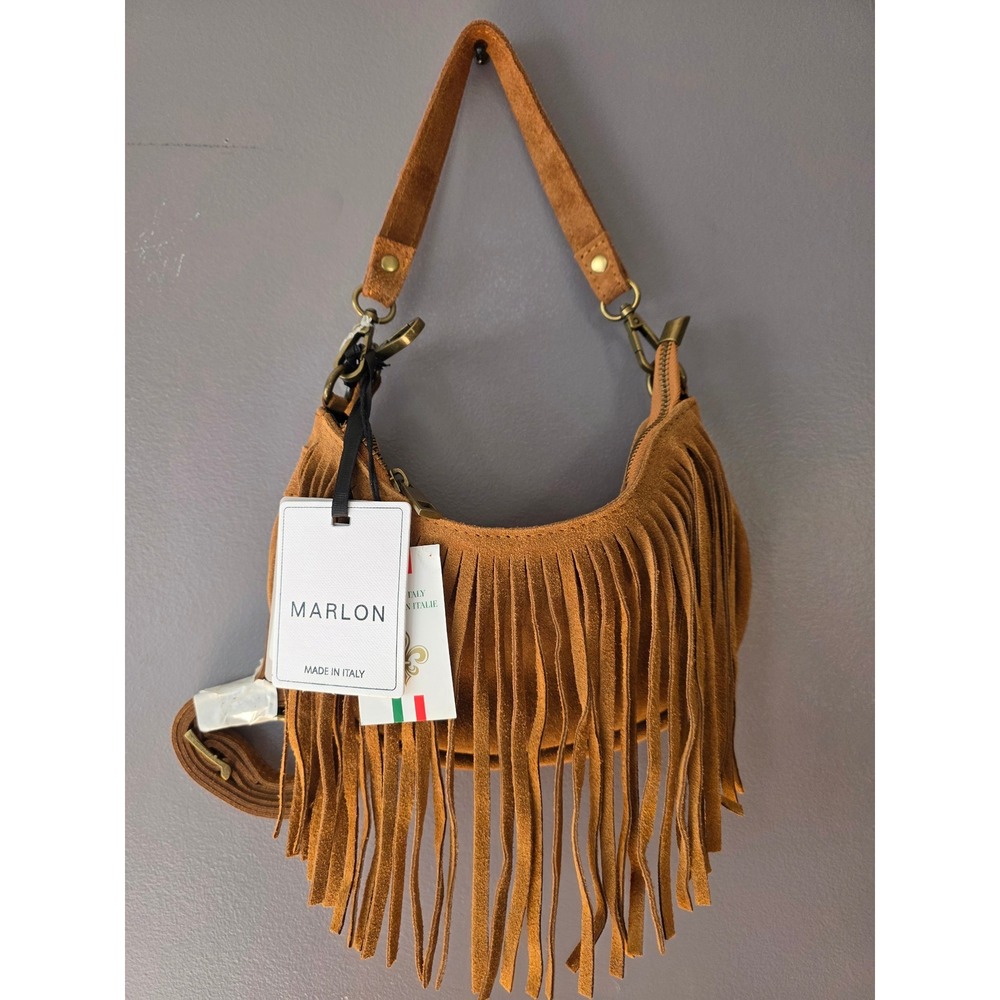 Marlon Firenze Italian Suede Fringe Shoulder Bag Tan Brown Boho Crossbody